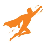 Stylized orange superhero flying forward